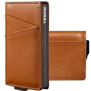 YESIIW Tarjetero RFID Bloqueo Cartera de Cuero Flip para Hombre | Aluminio Automática Pop-up Tarjetero con Bolsillo para Dinero | Cartera de Metal Delgado, Ligero y Minimalista | Marrón