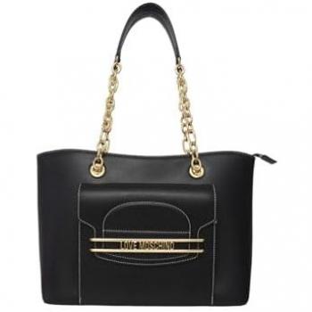 Moschino Women's Black Shoulder Bag with Chain Double Handle and Gold External Pocket