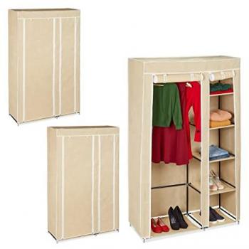 Armario de Tela Plegable Beige con 5 Baldas y Perchero Desmontable - 174 x 107 x 42,5 cm