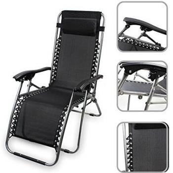 Todeco - Silla Plegable De Gravedad Cero, Relajante Textileno Jardín - Carga máxima: 100 kg - Material: Textilene - 165 x 112 x 65 cm, Negro, con almohada, Textilene