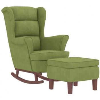 Sillón mecedora patas madera y taburete terciopelo verde claro con reposapiés balancín reclinable para salón o sala de estar