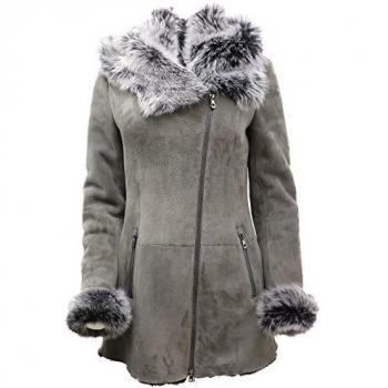 Infinity Leather Women's Grey Suede Hooded Merino Sheepskin Coat - Monrovia Black Size 20 UK