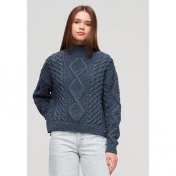 Superdry Women's Aran Cable Knit Sweater, Vintage Denim Blue, Long Sleeve, Acrylic, Size S