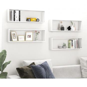 Estante cubo de pared 4 uds aglomerado blanco brillo 80x15x26,5cm, estantería/librería/mueble de almacenaje para oficina, estudio, sala de estar y dormitorio