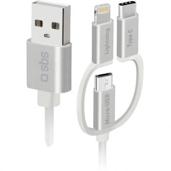 Cable USB 3 en 1 de 1.2 m con adaptadores Lightning y USB-C, compatible con Micro-USB, USB 2.0, color blanco