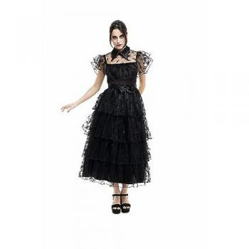 Disfraz de Miércoles Addams para Mujer con Encaje Completo, Vestido Negro y Cinturón - Tallas S, M y L