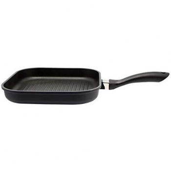 Sartén Grill Asador Antiadherente Alucast de Aluminio Fundido con Rayas, Eficiente, Mango en Bakelita y Guarda Llamas, Negro, 28x28x4.5cm,