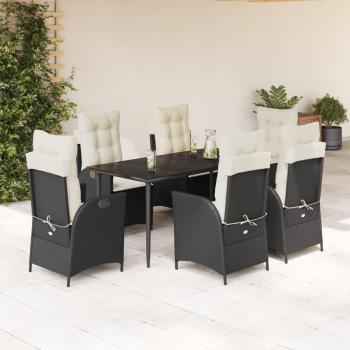 7-Piece Black Poly Rattan Garden Dining Set with Cushions