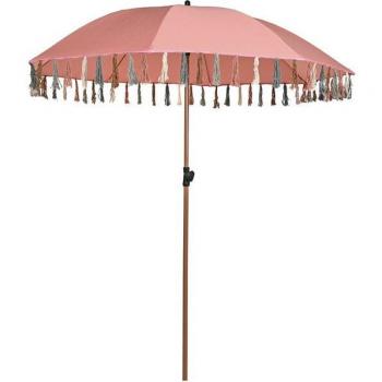 Parasol Fíjalo Coral con Flecos y Estructura de Acero - ¡Protección y Estilo para tu Espacio Exterior!