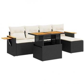 vidaXL 7-Piece Black Poly Rattan Acacia Garden Sofa Set with Cushions