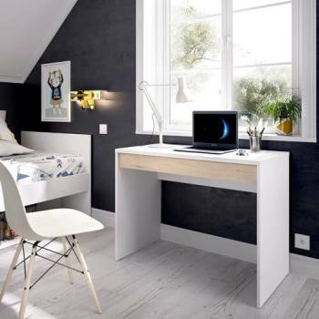 Escritorio Forato Multiusos Compacto con Cajón, 90x50h74 cm, Blanco y Roble