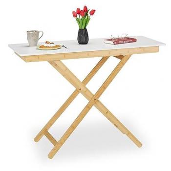 Mesa Plegable Ajustable de Altura en Bambú y MDF, Mesita Auxiliar para Salón y Balcón, 70 x 105 x 50 cm, Color Natural/Blanco