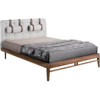 Cama tapizada Angel Cerda 7034C en tela gris con estructura de nogal, dimensiones 162 x 216 x 110 cm