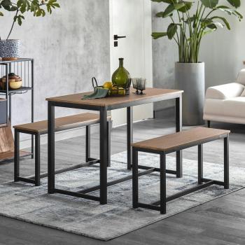 SoBuy OGT25-N Juego de Comedor Industrial Moderno - Mesa de comedor de 110 x 58 x 74 cm y 2 bancos de 95 x 29 x 46 cm con marco de acero, color Naturaleza