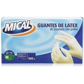 Mical Guantes de Latex, de Examen, con Polvo, Talla M 7-8, 100 Guantes