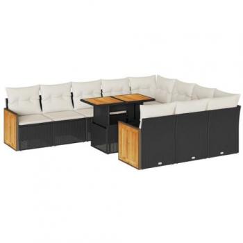 11-Piece Black Poly Rattan Garden Sofa Set with Cushions