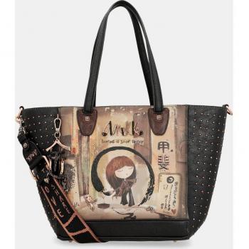 Bolso Shopper Anekke Shoen Negro con Print Multicolor, Asa Corta Sintética y Bandolera Extraíble Grande con Interior Extraíble