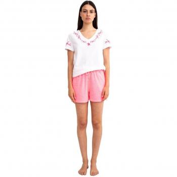 Camiseta de mujer Starlite blanca de manga corta con bordados rosas