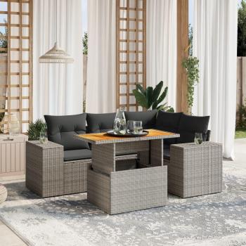 5-Piece Grey Poly Rattan Garden Sofa Set with Cushions