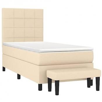 Cama Box Spring con Colchón Viscoelástico y Muelles Ensacados, Tela Color Crema 90x200 cm