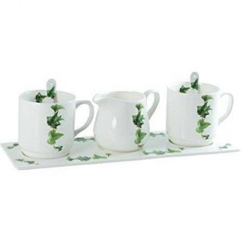 La Cija Ivy Conjunto 2 Tazas, lechera y cucharillas con Bandeja en Porcelana, Blanco, 34.5x12x9.6 cm