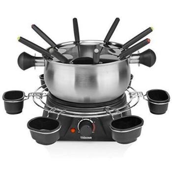 Tristar FO-1109 Olla eléctrica Multifuncional para Fondue de Queso, Chocolate o Aceite, Volumen 1.3 litros, 1400 W, Carcasa de Acero Inoxidable con aro para Salsas, Incluye 8 Tenedores