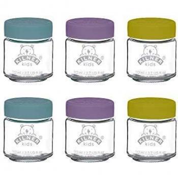 Set de 6 tarros de vidrio para alimentos infantiles de 110 ml con tapa de silicona hermética, reutilizables y aptos para congelar y calentar