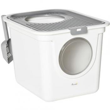 Arenero para Gatos PawHut con Pala Inodoro, 2 Puertas (Entrada Principal y Salida Superior), Dimensiones: 44x55x39 cm, Color Blanco y Gris
