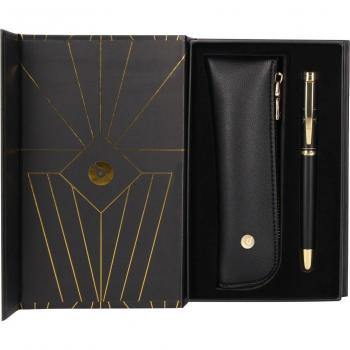 Pluma y estuche Belius Soiree Color Art Deco Negro y Dorado con Tinta Azul en Caja de Diseño