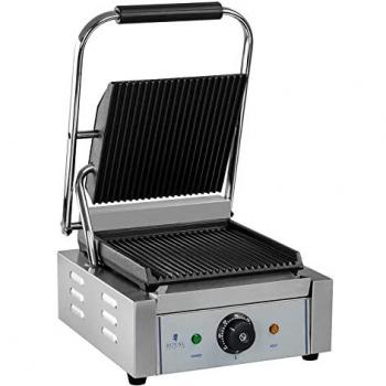 Parrilla de contacto eléctrica Royal Catering 1800W con superficie ondulada y bandeja para grasa