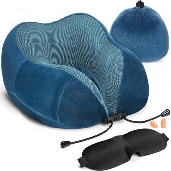 HOMIEE Almohada de Viaje，para Avión Almohada Cervical, Almohada Ortopédica Cervical, de Espuma con Memoria，con Máscara de Ojos, Tapones y Bolsa con Cordón