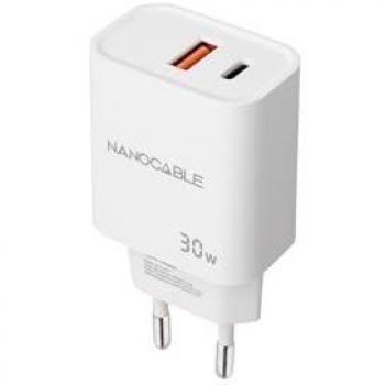 Cargador Rápido Nanocable USB-C/PD y USB-A/QC 30W, Doble Puerto, Color Blanco