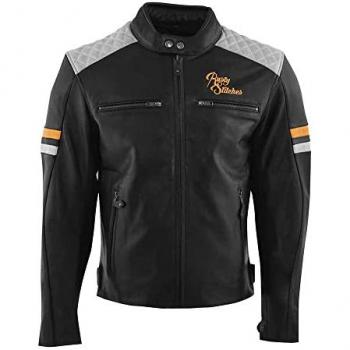 Rusty Stitches Chaqueta de Moto Jari V2 Negro-Gris Claro-Dorado, Chaqueta de cuero para moto, color negro y gris claro con detalles dorados, talla XXL