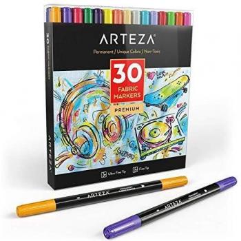 Arteza Rotuladores para tela | Juego de 30 colores | Marcadores permanentes de doble punta para colorear ropa vaquera, camisetas, zapatillas de deporte, mochilas, cazadoras y más