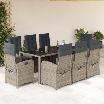 9-Piece Grey Poly Rattan Garden Dining Set with Cushions
