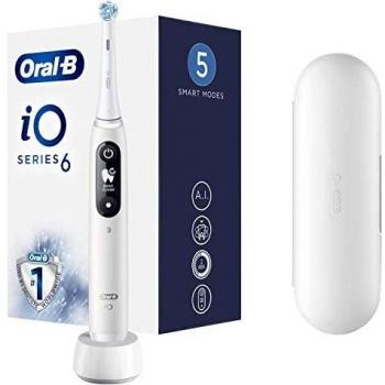 Oral-B iO 6 - Cepillo de dientes eléctrico, blanco, 1 mango con pantalla negra y blanca, 1 cabezal y 1 funda de viaje