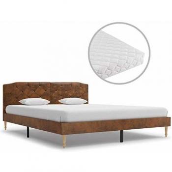vidaXL Cama y Colchón Piel Ante Sintética Marrón 160x200cm Tapizada Mobiliario Casa Hogar Somier Diseño Discreto Elegante Estructura Robusta Duradera