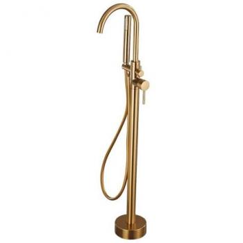 Grifo de Bañera Exenta Redondo Dorado Cepillado Serie Ebro con Protección PVD, Monomando Mezclador Agua Fría y Caliente, Ahorro de Agua, Instalación Fácil y Rápida