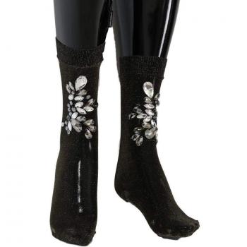 Dolce & Gabbana Black Stretch Floral Clear Crystal Socks - M
