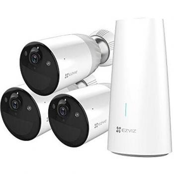 EZVIZ Kit de 3 Cámaras de Vigilancia Wifi Batería Recargable 12900mAh con Base, Duración de 365 Días, 1080P Detección de Movimiento PIR, Visión Nocturna en Color, Audio Bidireccional, IP66, BC1-B3