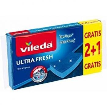 Vileda – Set de 3 estropajos fibra UltraFresh No Raya con tratamiento antibacterias, tamaño 21 x 11.5 x 2.7 cm, 3 unidades