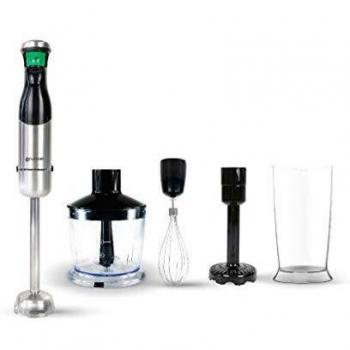 Grunkel - MP-800 SET - Batidora de mano con intensidad regulable por gatillo sensible con indicador LED luminoso. Vaso de 600 ml, picadora, varilla y pasapurés incluidos - Negro y acero inoxidable
