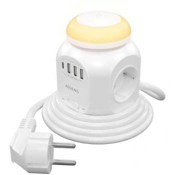 Aisens ASPS-3A1CL01-W - Regleta de Enchufes Sobremesa Multifunción, 4 Tomas de Corriente, 1 Puerto USB Tipo-C, 3 Puertos USB, Interrupt
