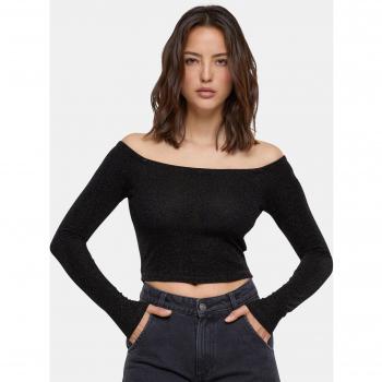 Urban Classics Women's Off Shoulder Glitter Long Sleeve Shirt - Black