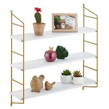 Estantería Flotante de Pared 3 Baldas, Hierro y MDF, 60 x 60 x 15 cm, Decorativa, Blanco y Dorado