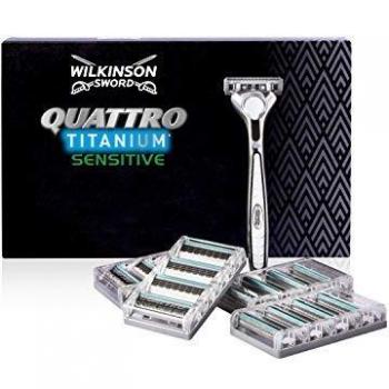 Wilkinson Sword Pack Ffp ECO box Quattro Titanium - Kit de maquinilla de afeitar de 4 hojas de Titanio para hombre + 17 recambios de cuchillas, afeitado manual masculino