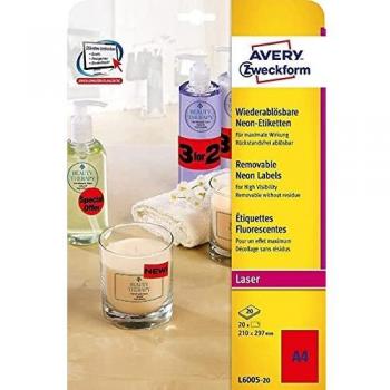 Etiquetas Adhesivas Neón Rojas Avery L6005, 210 x 297 mm, Paquete de 20 Hojas, Imprimibles y Desprendibles