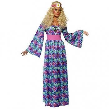 Smiffys-39533L Disfraz de Hippy, Maxi Vestido Atado a la Cintura y Mangas Acampanadas, Color púrpura, L-EU Tamaño 44-46