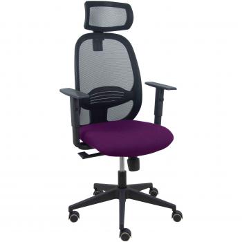 Silla Cilanco negra con malla negra, asiento Bali morado, brazo regulable y cabecero regulable