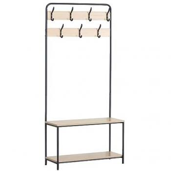 Perchero Zapatero de Metal y MDF con 2 Estantes y 7 Ganchos, Negro y Beige, para Entrada - Dimensiones: 170 x 80 x 30 cm